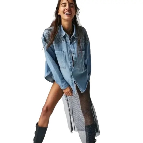 Free People X One Teaspoon Hand Embellished Daria Denim Shirt Sz M MSRP $298 - Picture 2 of 7